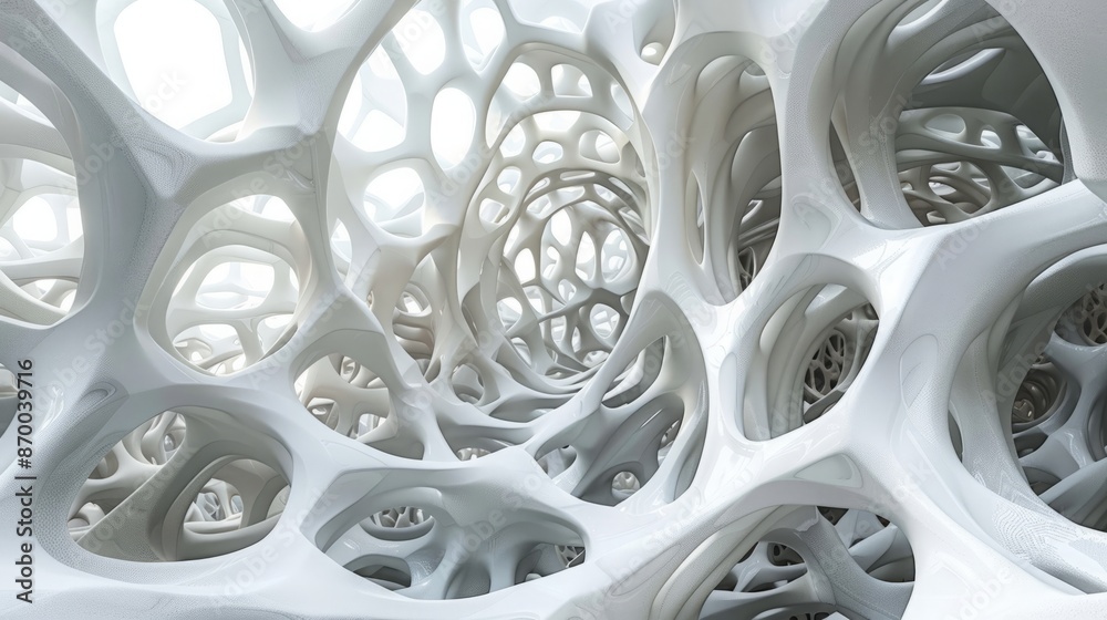 Fototapete Abstract white geometric installation, twisted parametric structure, digital graphic background. 3d rendering illustration