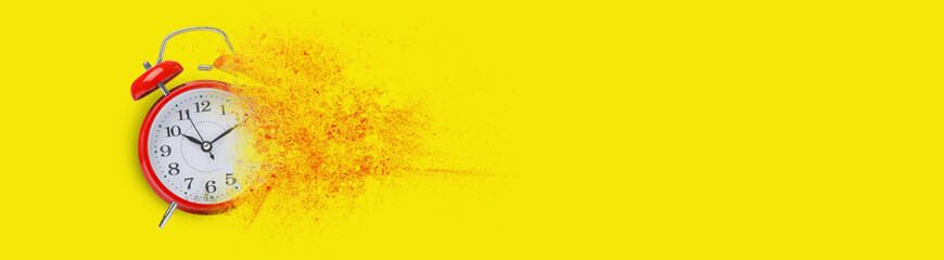Red alarm clock dissolving on yellow background, banner design with space for text. Flow of time