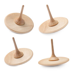 Wooden spinning top isolated on white, collage