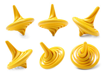 Yellow spinning top isolated on white, collage