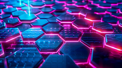 Fototapeta premium Striking minimalist digital background with a futuristic honeycomb pattern of vibrant neon hexagonal shapes geometric lattice and radiant prismatic lighting effects