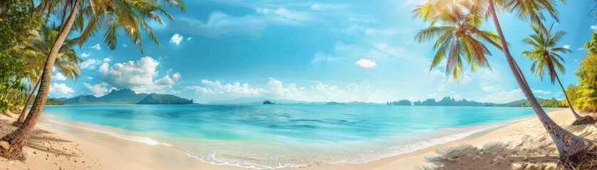 Obraz premium Palm trees frame a pristine beach with turquoise water and a clear blue sky.