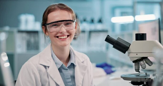 Science, laboratory and face of woman with microscope for research, analysis and vaccine development. Healthcare, med student and portrait of scientist with equipment for study, experiment and sample - Powered by Adobe