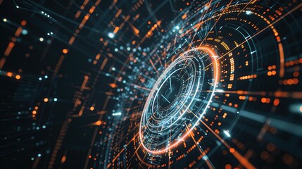 Abstract Digital Network with Orange and Blue Glowing Lines