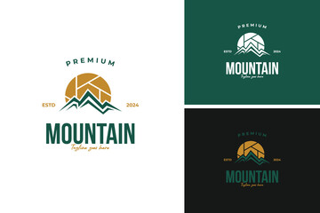 Camera lens with a mountain reflection logo design, ideal for a photography business specializing in nature and landscapes. Vector illustration template idea