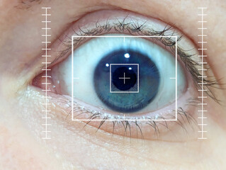 Close-up of eye scan with guides and templates for computerized eye testing. Vision checkup process...