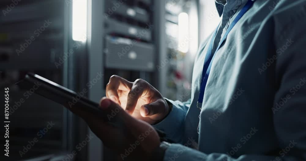 Aufkleber Person, tablet and working in server room as software engineer and information technology in data centre. Developer, hands or email on touchscreen to code or it infrastructure for network programming