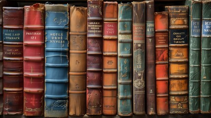Fototapeta premium A Row of Vintage Books on a Shelf in a Library