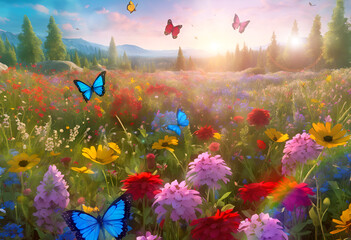 Butterflies in a wildflower meadow at sunrise with bokeh, lens flare and rainbow effects, nature background