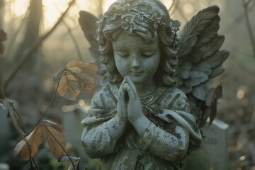 Obraz premium Angel statue in praying pose surrounded by branches