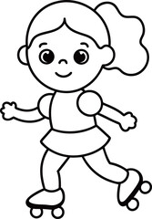 Black and White Cartoon Illustration of Cute Little Girl Roller Skating or Skating