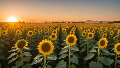 Fototapeta premium The sun casting long shadows across a field of sunflowers during the golden hour.