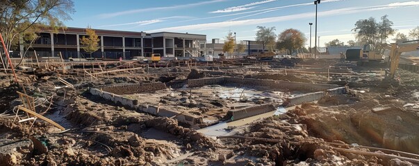Fototapeta premium Foundations being laid at a construction site with machinery and equipment in the background, surrounded by dirt and tools, under a bright and clear sky
