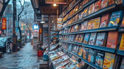 Image showcasing a street-side newsstand on a rainy urban street, displaying a variety of colorful magazines and books under soft, ambient lighting