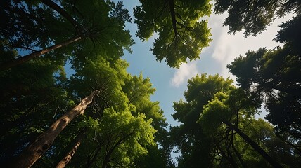 Fototapeta premium Tropical forest with sun shining through the branches of pine trees