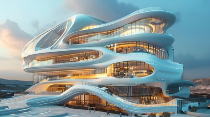 Modern luxury architecture building outdoor landscape, advanced minimalistic curved shape design, futuristic city skyline surreal sunset background, construction engineering technology 3d digital art.