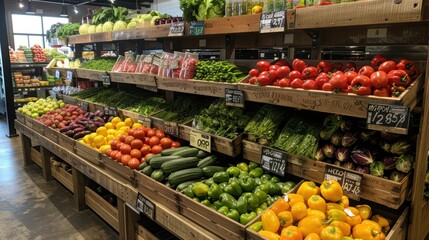 Vibrant display of diverse fresh vegetables and fruits arranged in wooden crates at a local grocery store, highlighting the variety and abundance of fresh produce available for healthy eating