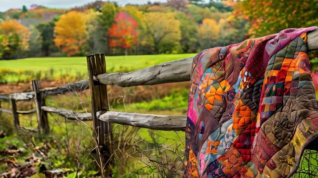 Colorful quilt on wooden fence by autumn trees and grass