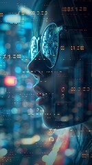 Portrait of a blonde caucasian woman data analyst in information technology letting see data flow , professional business female with copy space