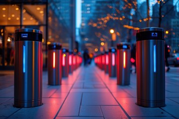 A beautifully illuminated urban street scene featuring modern, cylindrical security bollards with blue and red LED lights guiding pedestrians in a city center during twilight