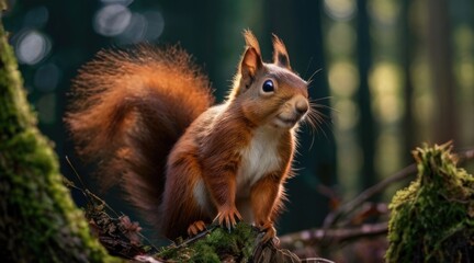 a red squirrel sits on a log in the woods