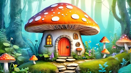 mushroom house cartoon illustration background
