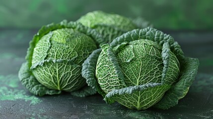 A close-up image featuring two fresh green cabbages with intricate leaf patterns placed on a dark green textured background, showcasing their crisp and vibrant appearance