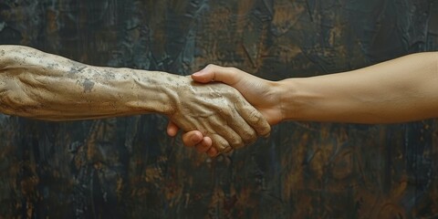 A close-up image of a handshake between a human and a statue, symbolizing the connection between modern life and ancient art in an abstract setting