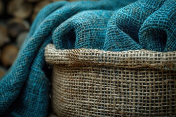 Obraz premium A close-up image showcasing two intertwined pieces of woven burlap fabric, one natural brown and the other dyed teal blue, emphasizing their texture and material