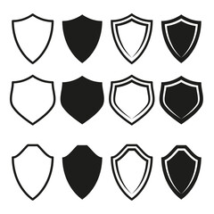 Shield icons vector. Black and white. Various outline designs. Simple protection symbols.