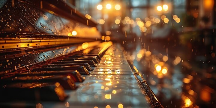 A close-up shot of a piano keyboard glistening with water droplets under warm ambient lights, creating a serene and artistic atmosphere