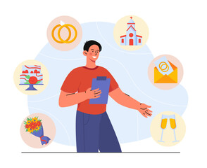 Man with wedding planner. Young guy buys bouquet of flowers, gold rings, champagne and cake. Manager with preparation of marriage ceremony. Cartoon vector illustration