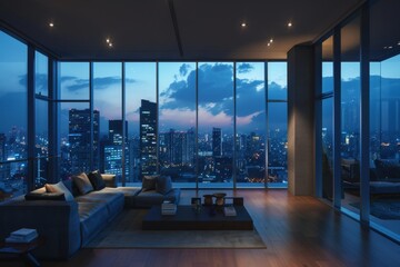 A bright and spacious penthouse with panoramic windows overlooking a bustling cityscape at dusk.