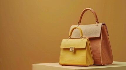 Stylish handbags stack on beige background for fashion and beauty concept