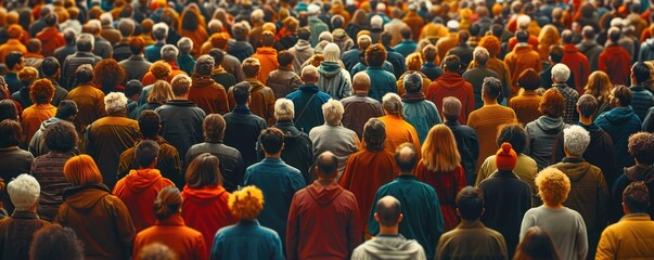 A diverse crowd of people standing closely together, viewed from behind, all dressed in colorful autumn clothing under soft, ambient light creating an atmospheric and vibrant scene