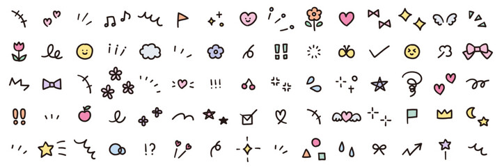 手書きの飾りイラストのベクターイラストセット。手描き、集中線、注目、星、ハート、果物、リボン