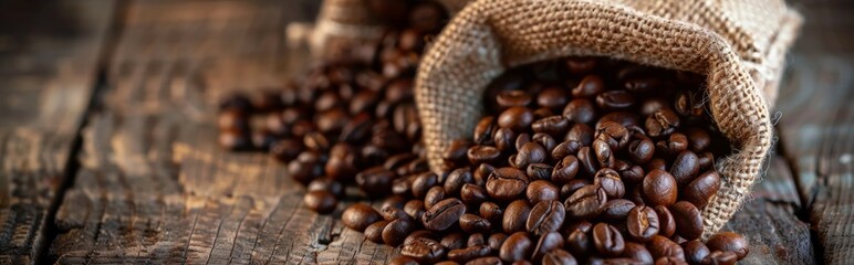 Coffee Beans Spilling Out of a Burlap Sack onto a Wooden Table
