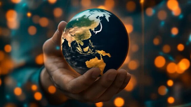 Hand holding glowing rotating globe, Global connectivity and digital network over bokeh lights, Futuristic technology sustainability concept
