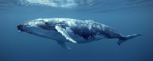 Fototapeta premium A magnificent underwater image capturing the graceful movement of a majestic humpback whale in its natural ocean habitat with stunning clarity