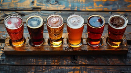 Beer flight with international varieties on a wooden table, International Beer Day, cultural diversity