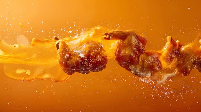 Buffalo wings splashing in orange sauce against background