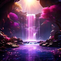 A magical scene with a bright waterfall cascading down a cliff into a pool of water, surrounded by glowing pink trees. The sun shines brightly above