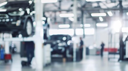 Obraz premium blurred background of succesfull modern automotive repair shop with cars and technicians. Generative ai