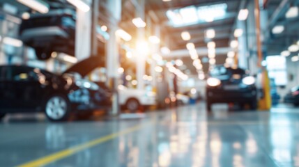 Fototapeta premium blurred background of succesfull modern automotive repair shop with cars. Generative ai 