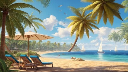 Summer Background Tranquil Beach Scene with Palm Trees and Sailboats Under a Clear Sky