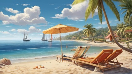 Summer Background Tranquil Beach Scene with Palm Trees and Sailboats Under a Clear Sky