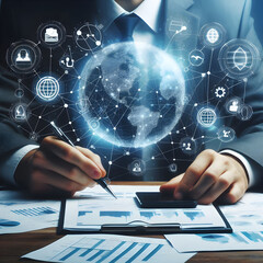 A person drawing global structure networking and business data symbolizing connectivity and communication