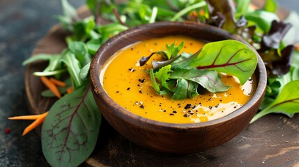 A vibrant orange dressing made from antioxidantrich sweet potatoes turmeric and ginger adding a burst of flavor and nutrients to any salad.