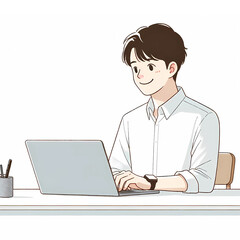 デスクに座ってラップトップの操作をしている若い男性のイラスト