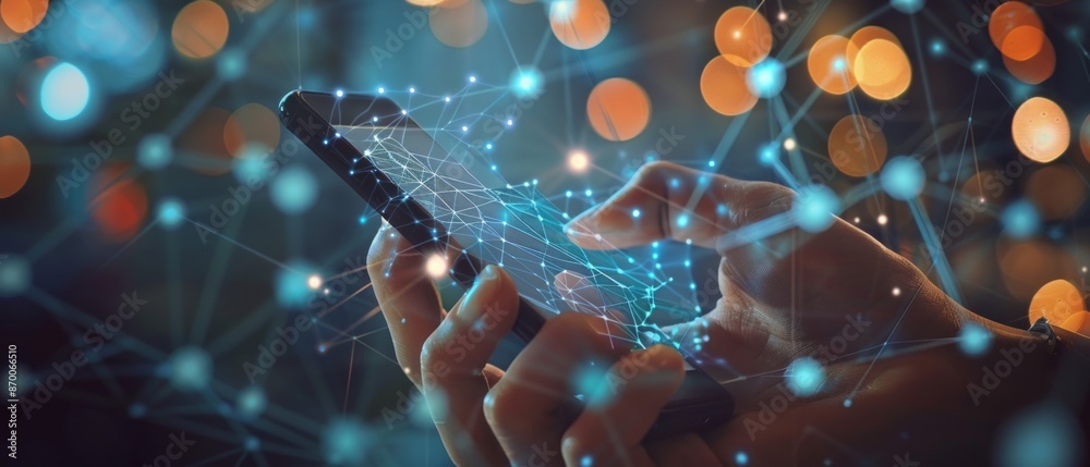 Poster hand using smartphone with digital technology data communication network and telecommunication conce